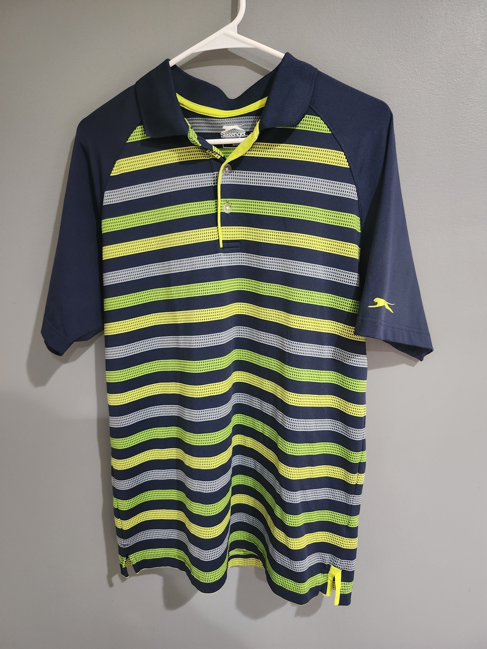 Slazenger Navy Polo Neon Yellow & Gray Stripes - Performance Golf Shirt SZ M